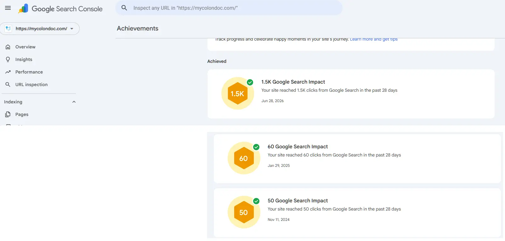 Google Search Console showing MyColonDoc reaching 1.5K Google Search clicks in 28 days